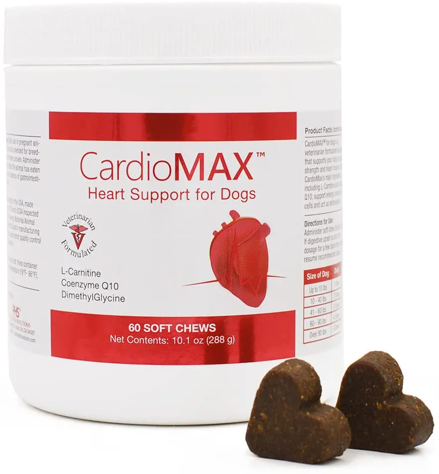 CardioMAX Heart Support Supplement for Dogs - L-Taurine, L-Carnitine, EPA and DHA, Coenzyme Q10 - Aids Circulatory Strength, Cardiovascular Support, Heart Muscle Function - Made in USA - 60 Soft Chews