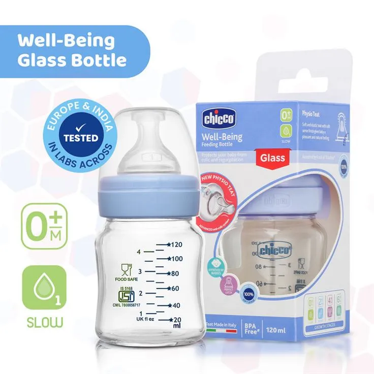 Chicco Well-Being Glass Feeding Bottle for Babies (Slow Flow) - 120ml, 0 months & above