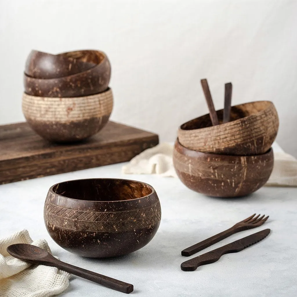 Eco-friendly Organic Coconut Bowls & Spoons - Set of 4 & Free Bamboo Straws