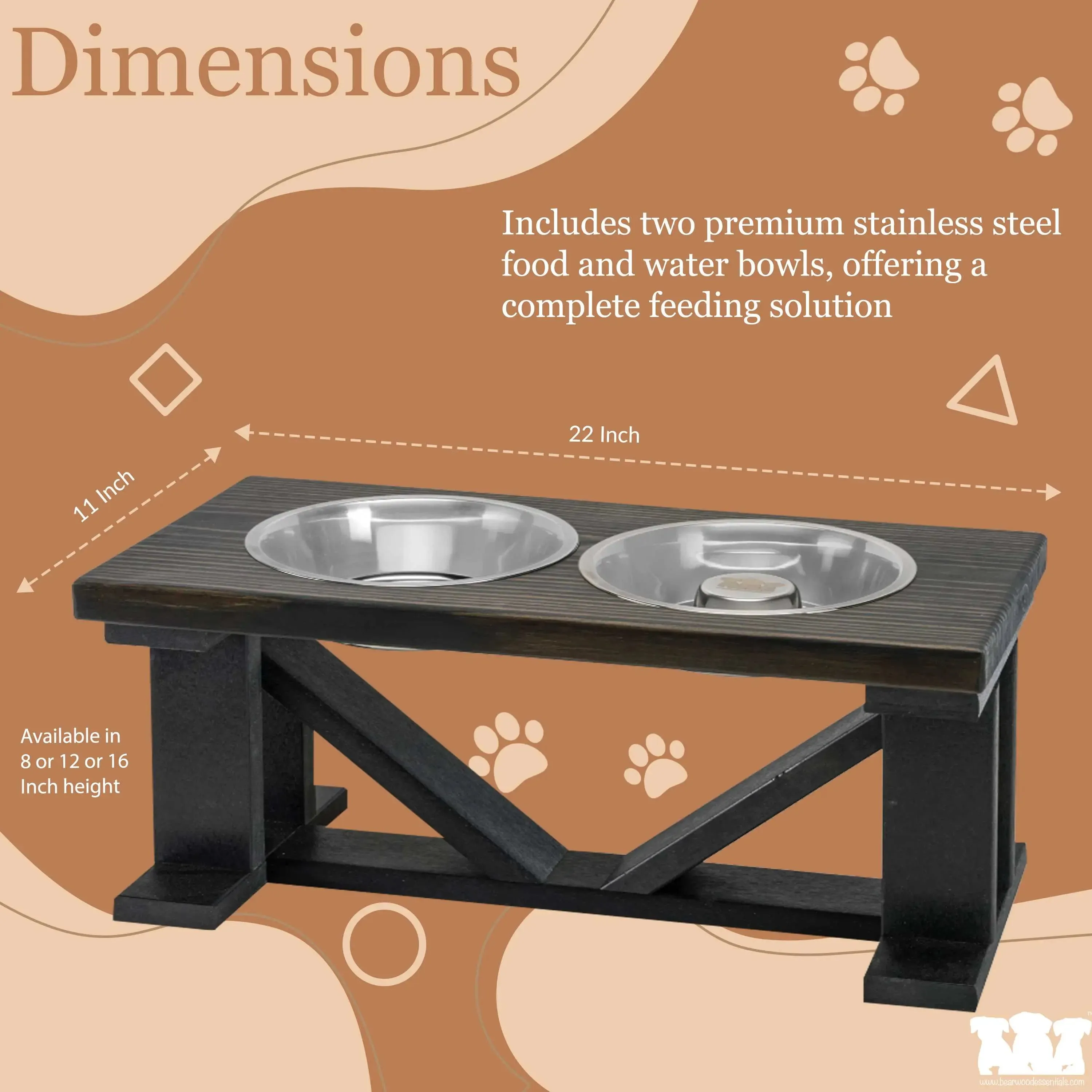 Elevated Dog Bowl, 2 Bowl Classic Farmhouse, Black Bases, With Slow Feed Option