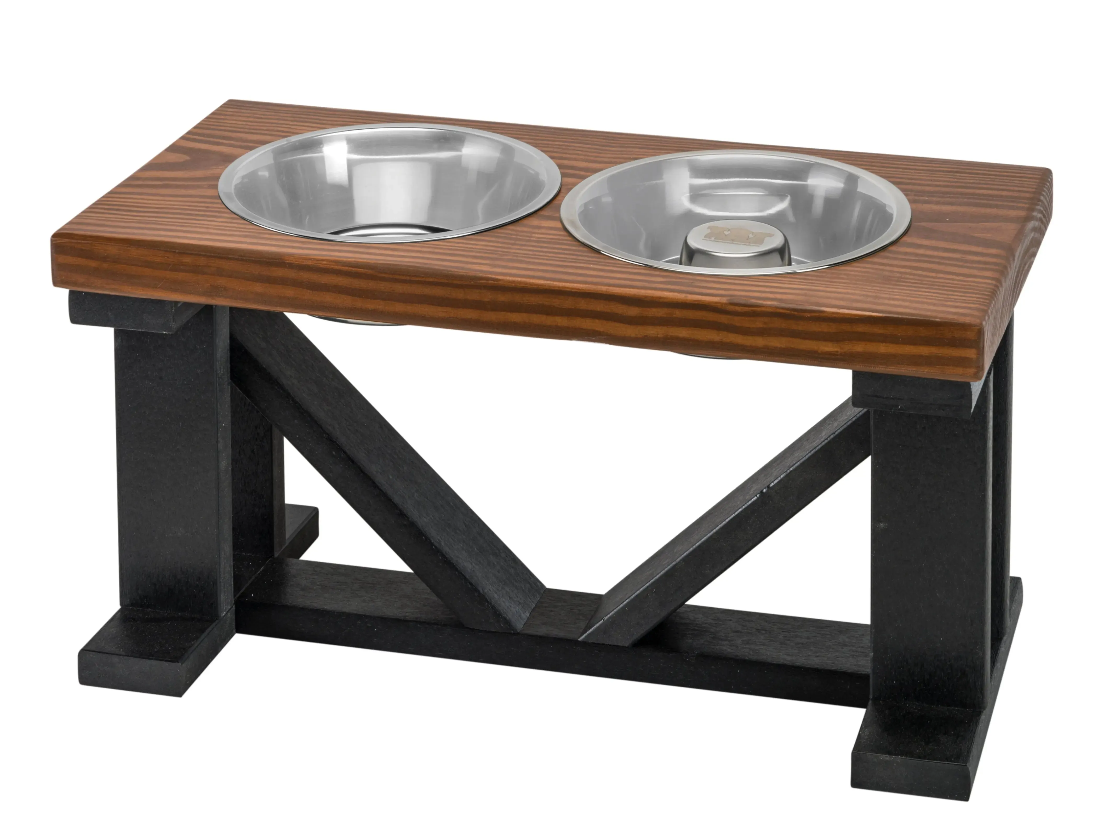 Elevated Dog Bowl, 2 Bowl Classic Farmhouse, Black Bases, With Slow Feed Option