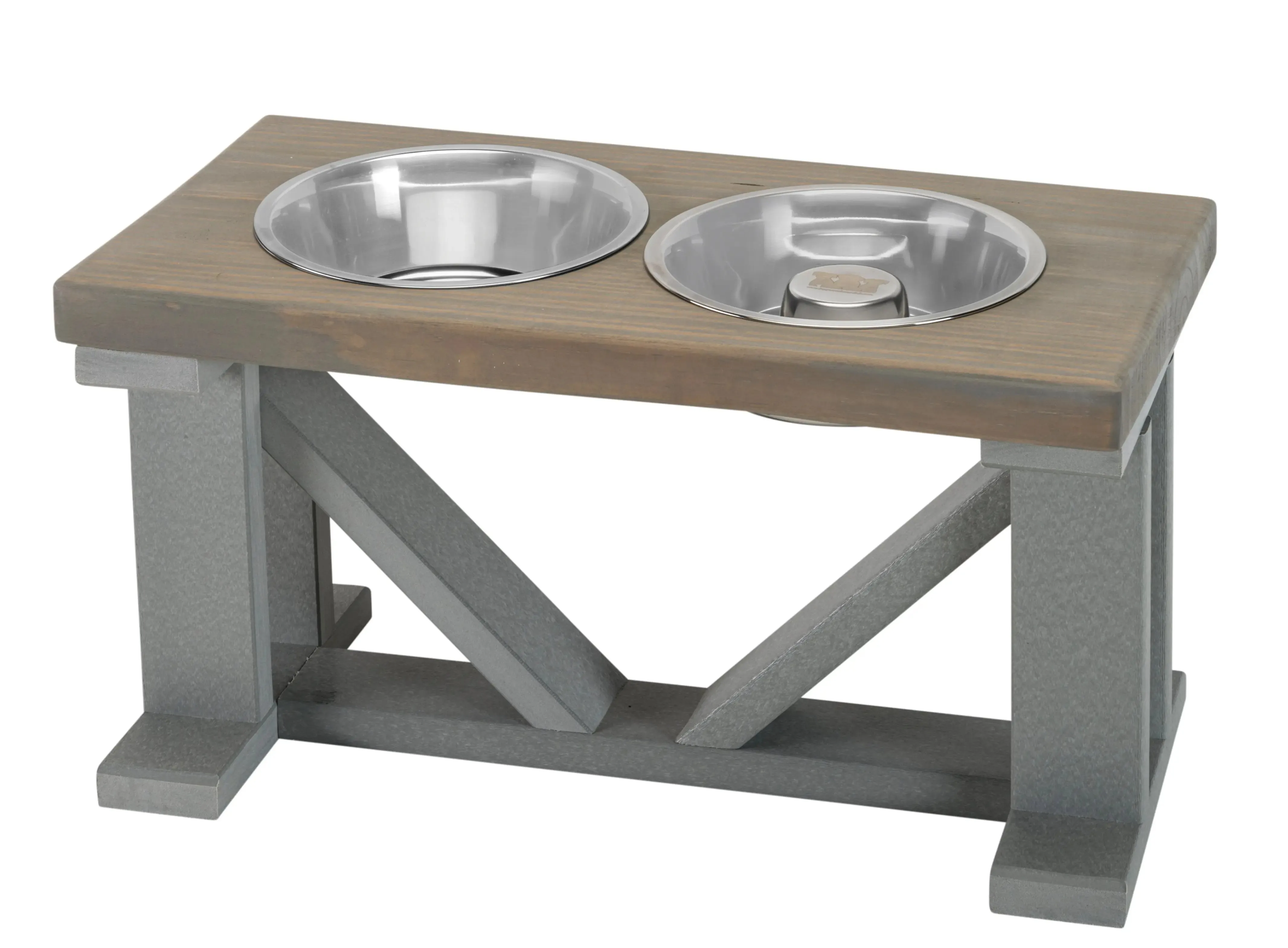 Elevated Dog Bowl, 2 Bowl Classic Farmhouse, Black Bases, With Slow Feed Option