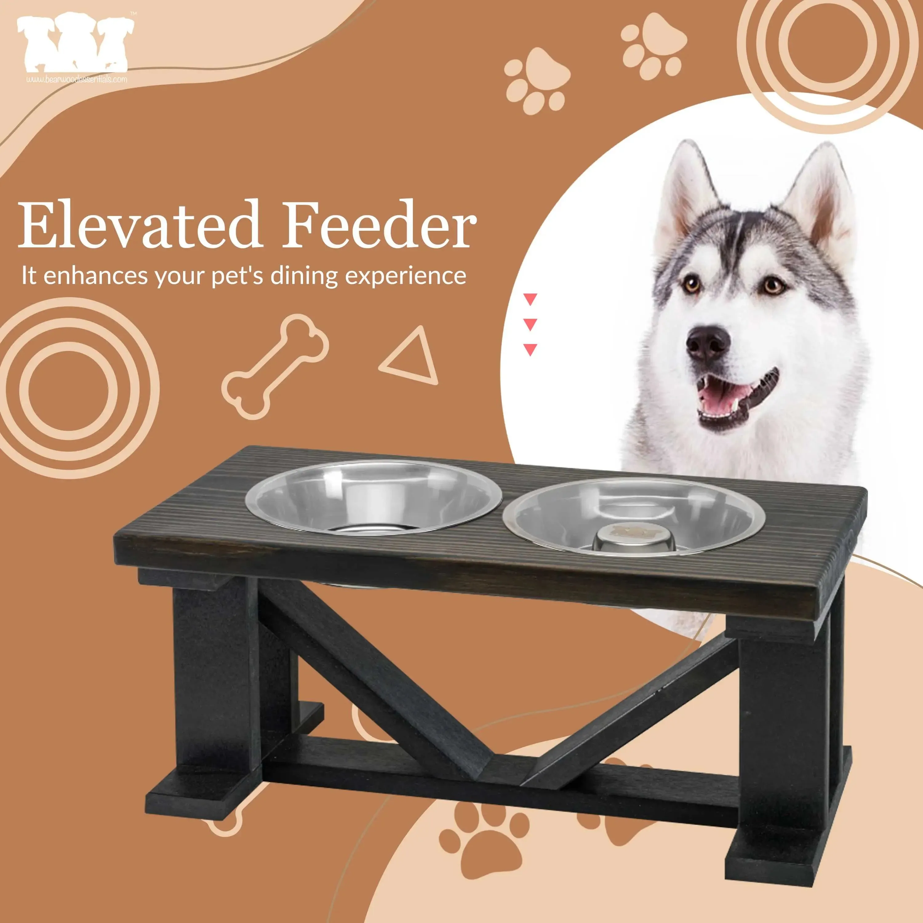 Elevated Dog Bowl, 2 Bowl Classic Farmhouse, Black Bases, With Slow Feed Option