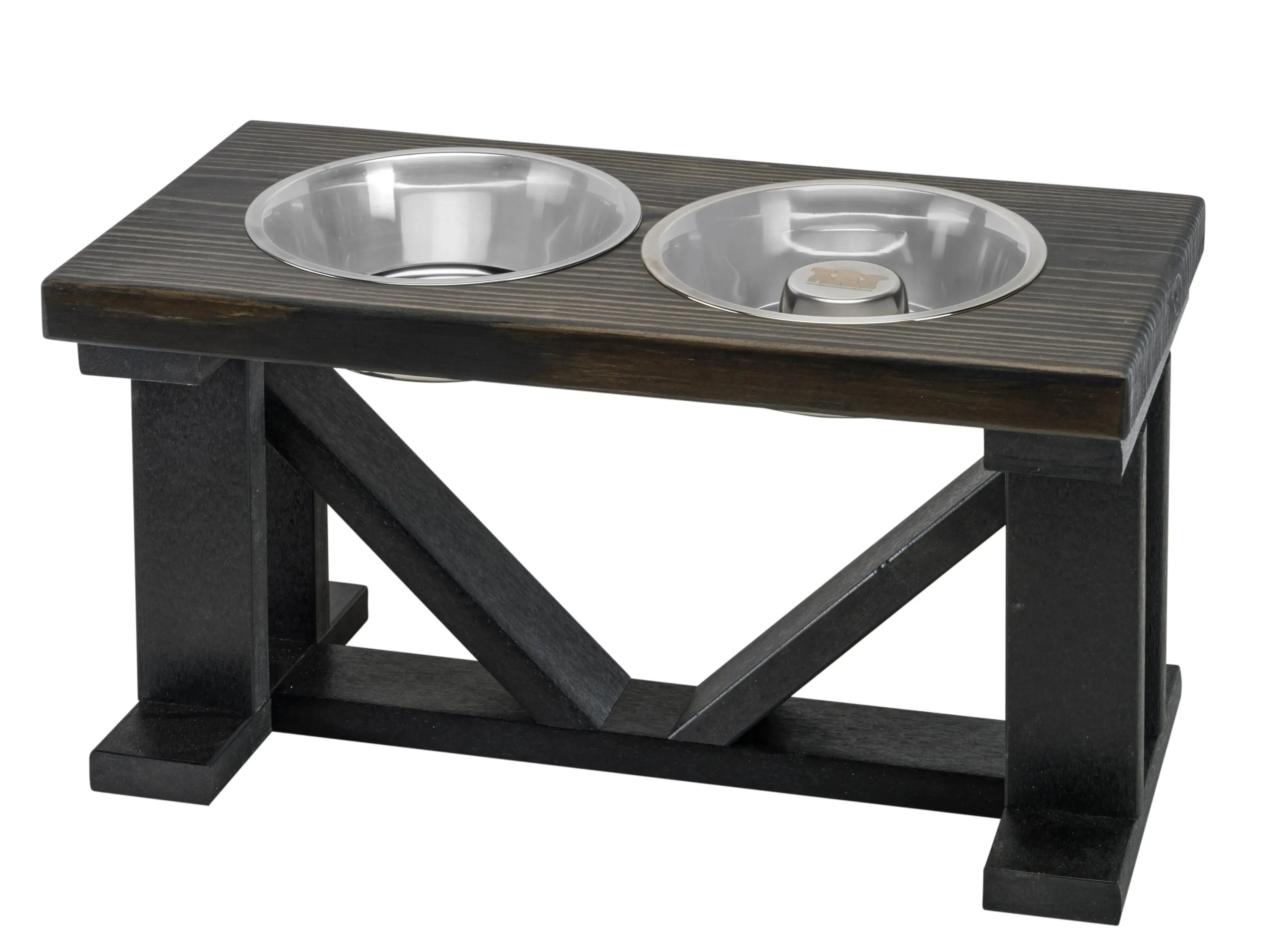 Elevated Dog Bowl, 2 Bowl Classic Farmhouse, Black Bases, With Slow Feed Option