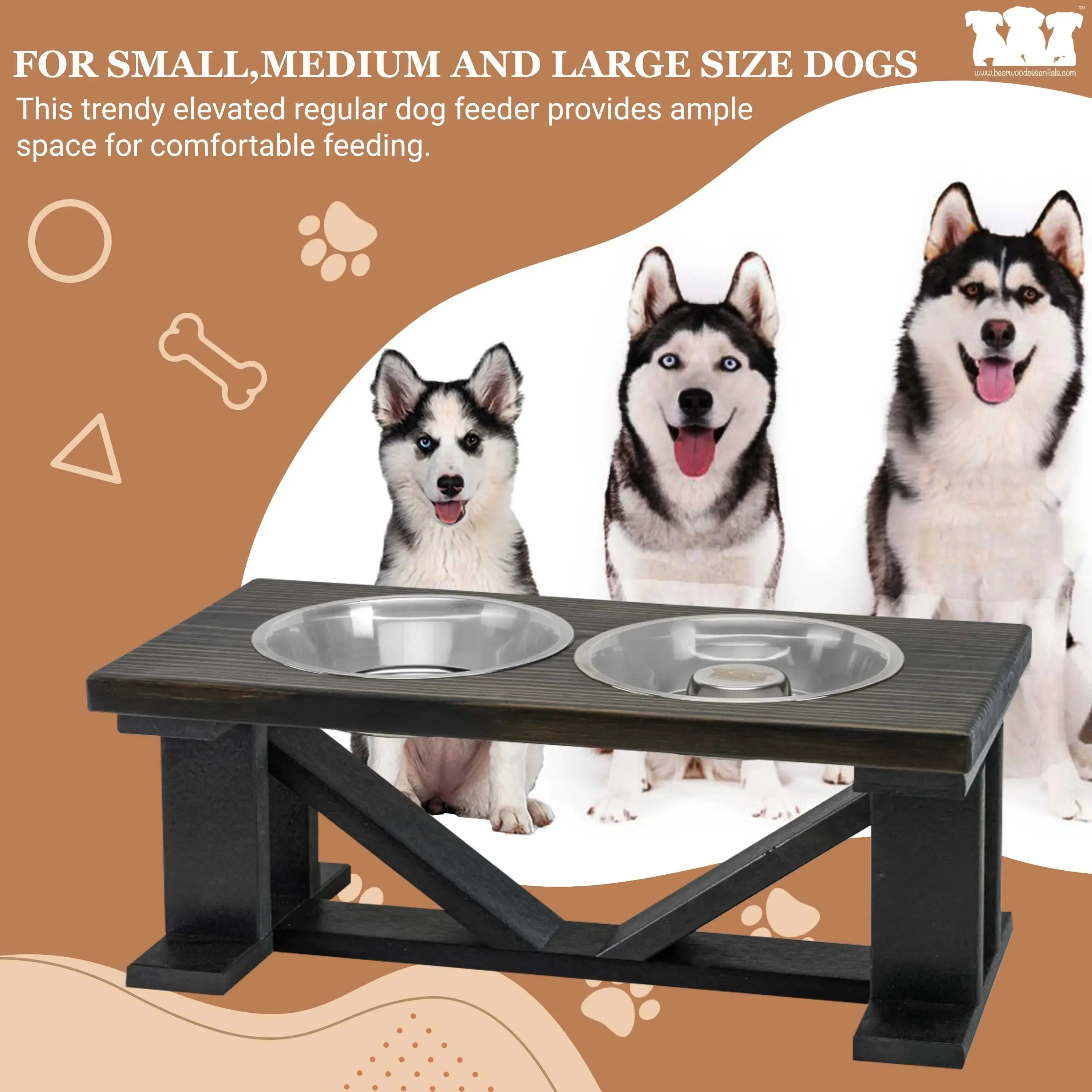 Elevated Dog Bowl, 2 Bowl Classic Farmhouse, Black Bases, With Slow Feed Option