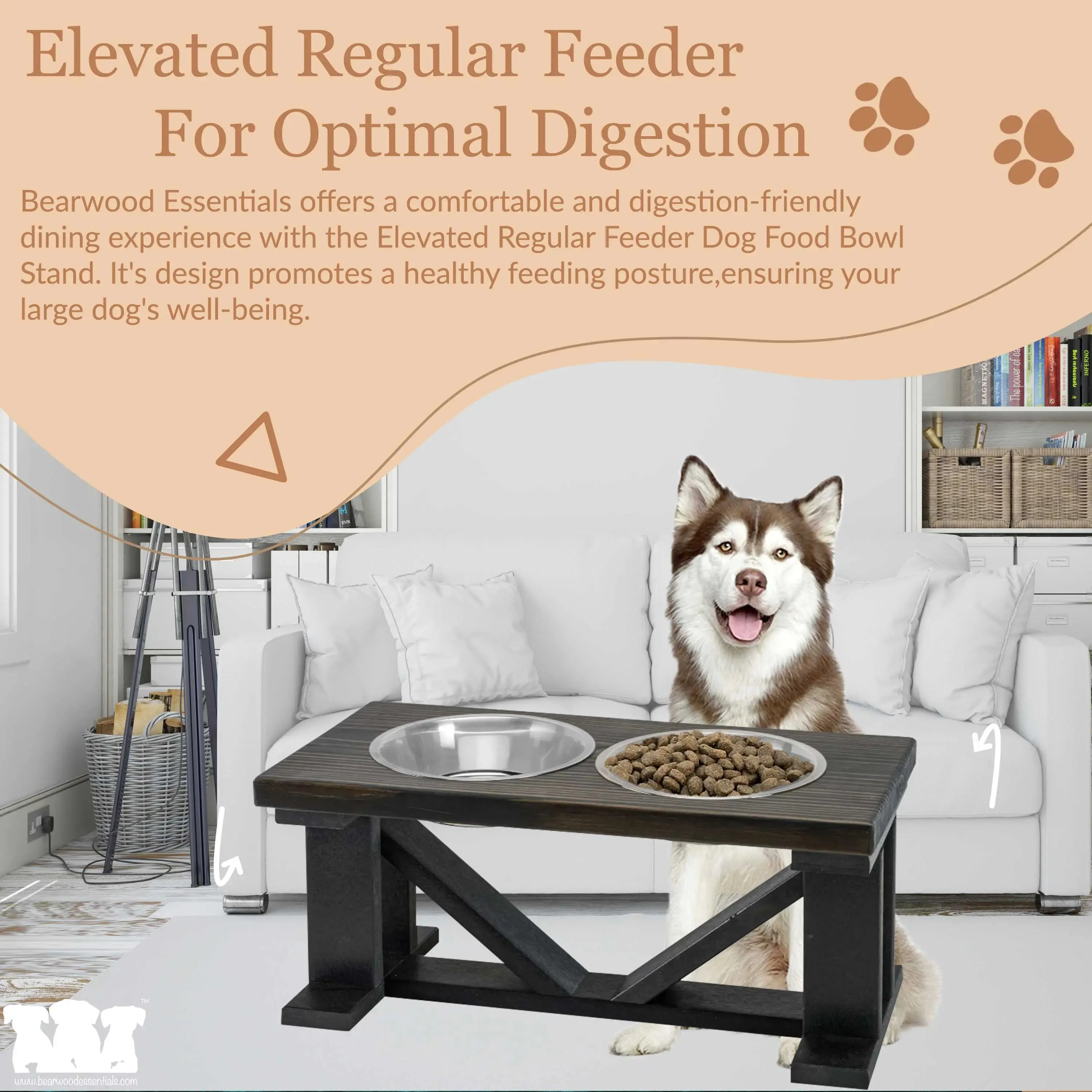 Elevated Dog Bowl, 2 Bowl Classic Farmhouse, Black Bases, With Slow Feed Option