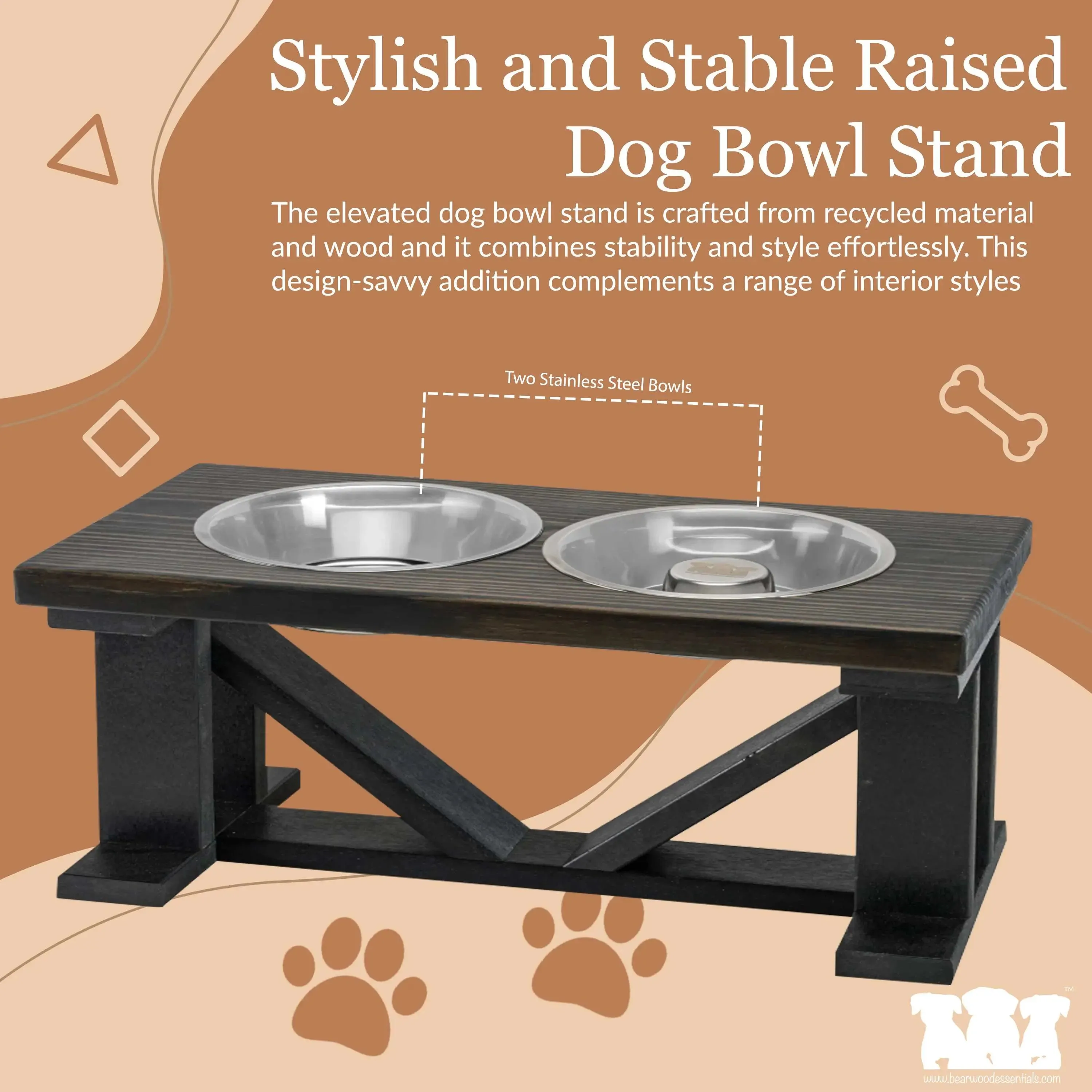 Elevated Dog Bowl, 2 Bowl Classic Farmhouse, Black Bases, With Slow Feed Option