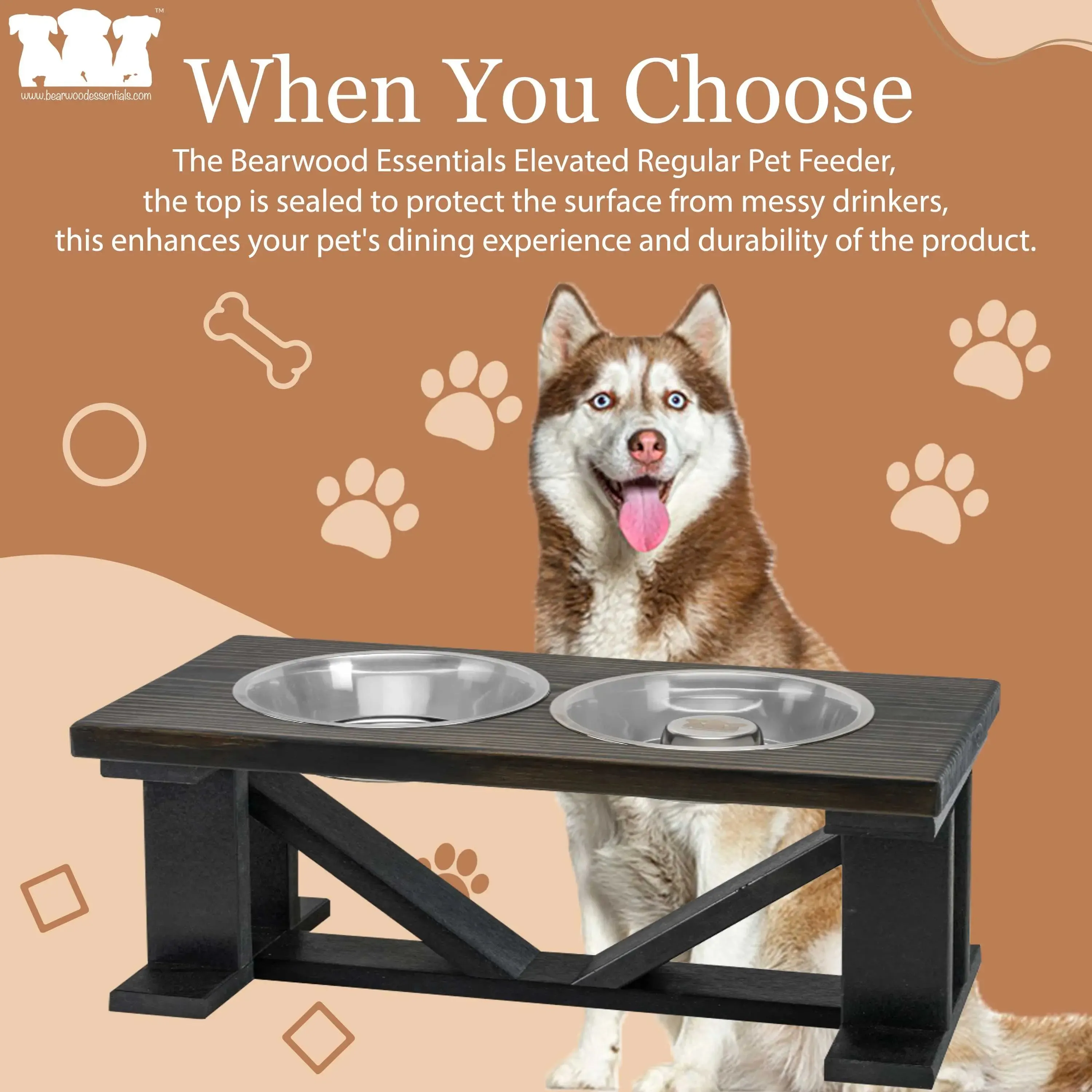 Elevated Dog Bowl, 2 Bowl Classic Farmhouse, Black Bases, With Slow Feed Option