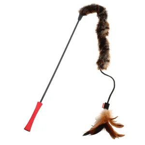 GiGwi Feather Teaser Catwand with Natural Feather Plush Tail & TPR Handle Toy for Cats (Red/Natural)