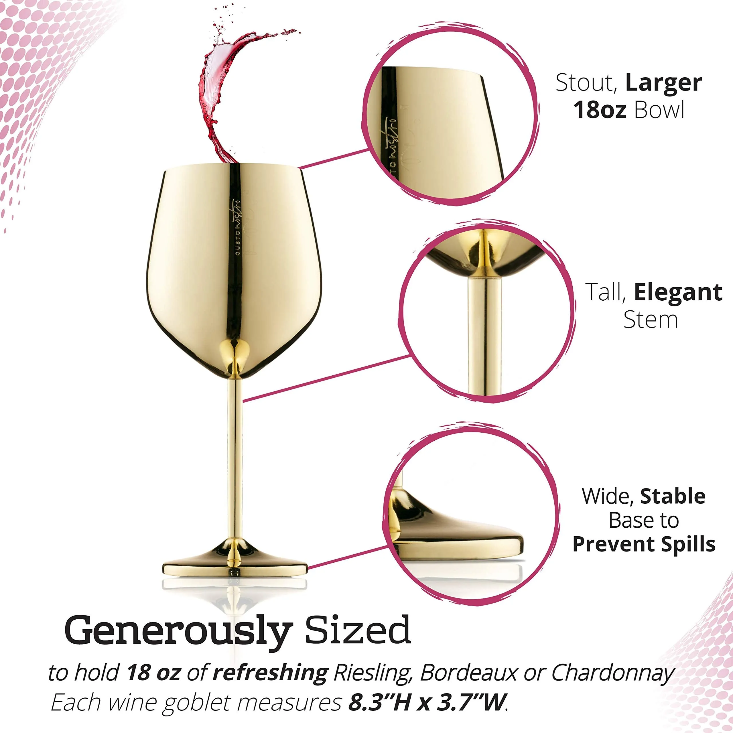 Gusto Nostro Stainless Steel Wine Glass 18 Oz Gold Wine Glasses Picnics Set of 4