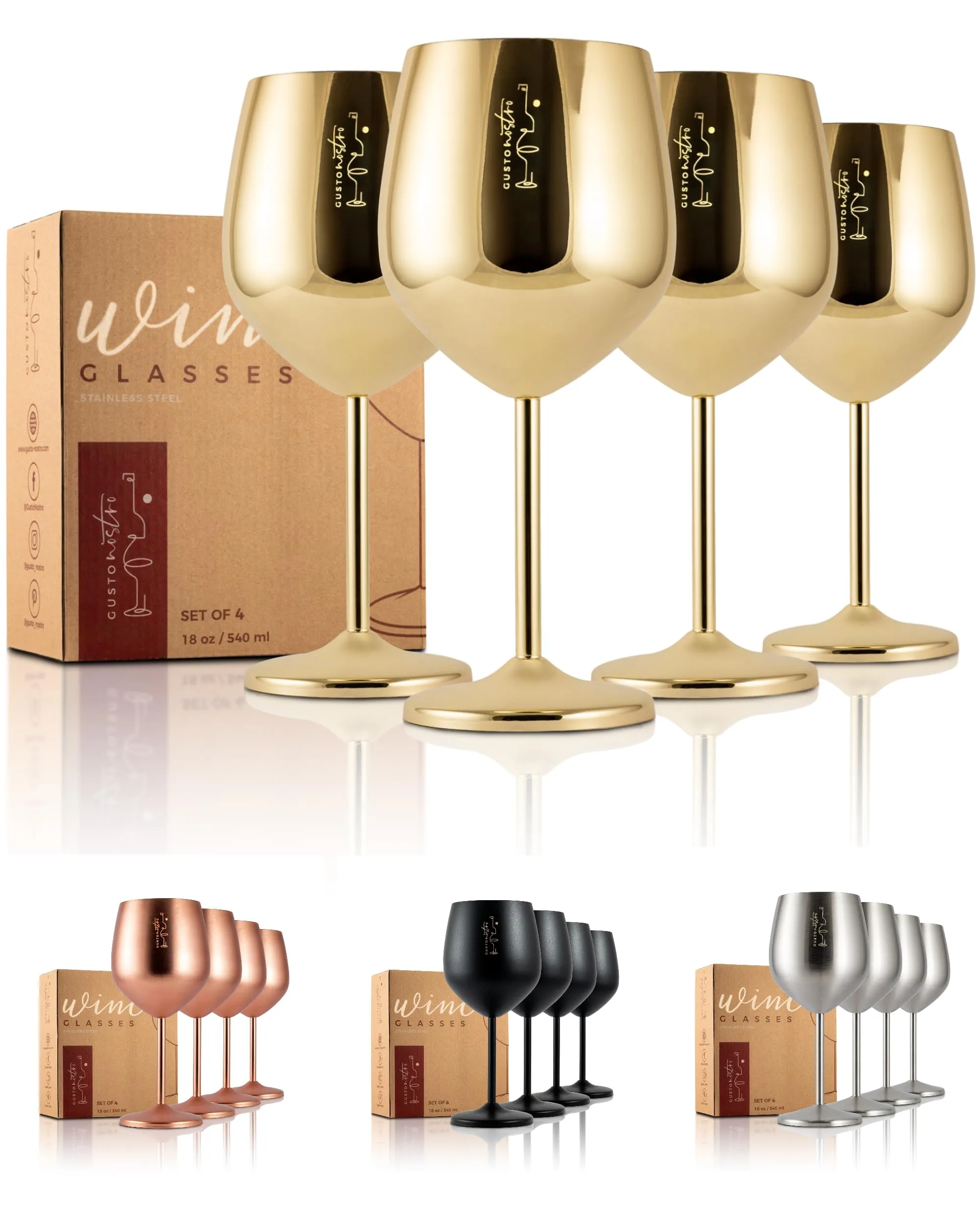 Gusto Nostro Stainless Steel Wine Glass 18 Oz Gold Wine Glasses Picnics Set of 4