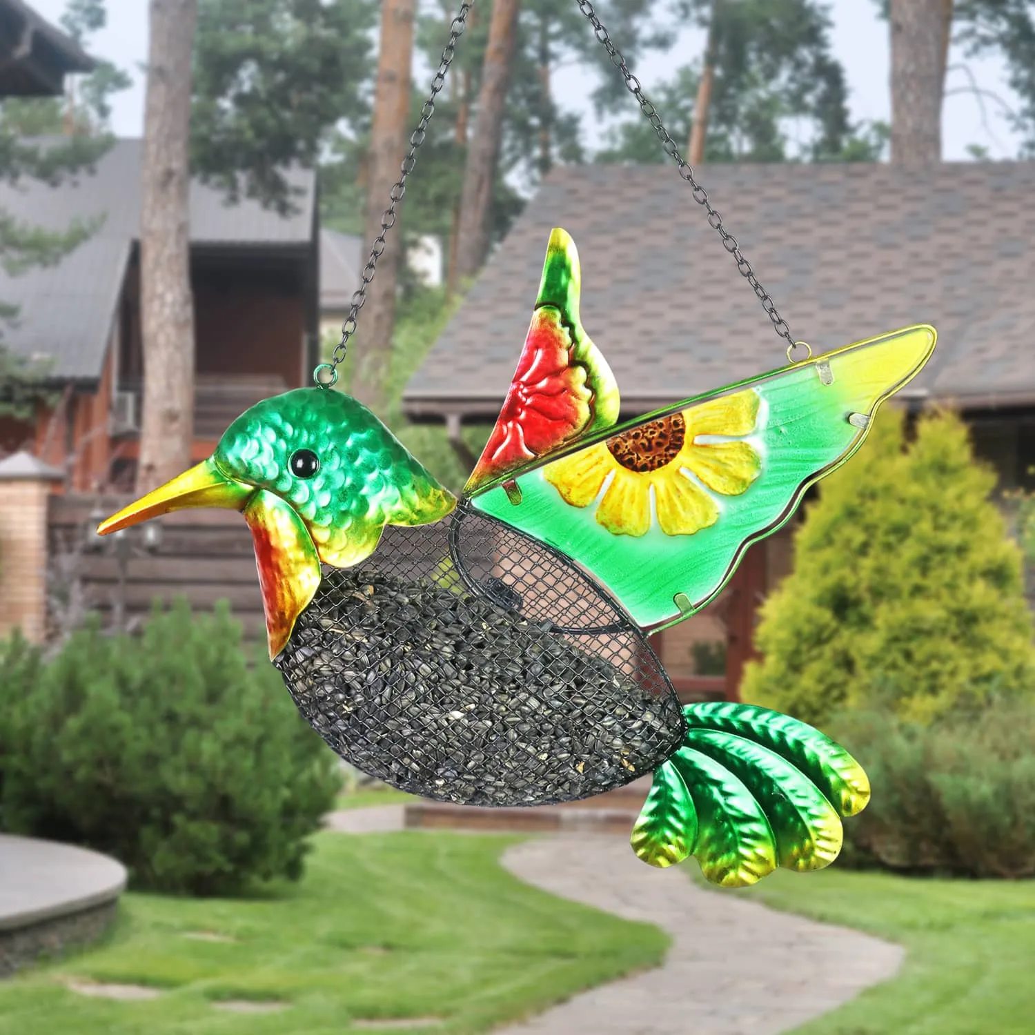 Hummingbird Bird Feeder With Metal Mesh Basket, 15 by 18 Inches