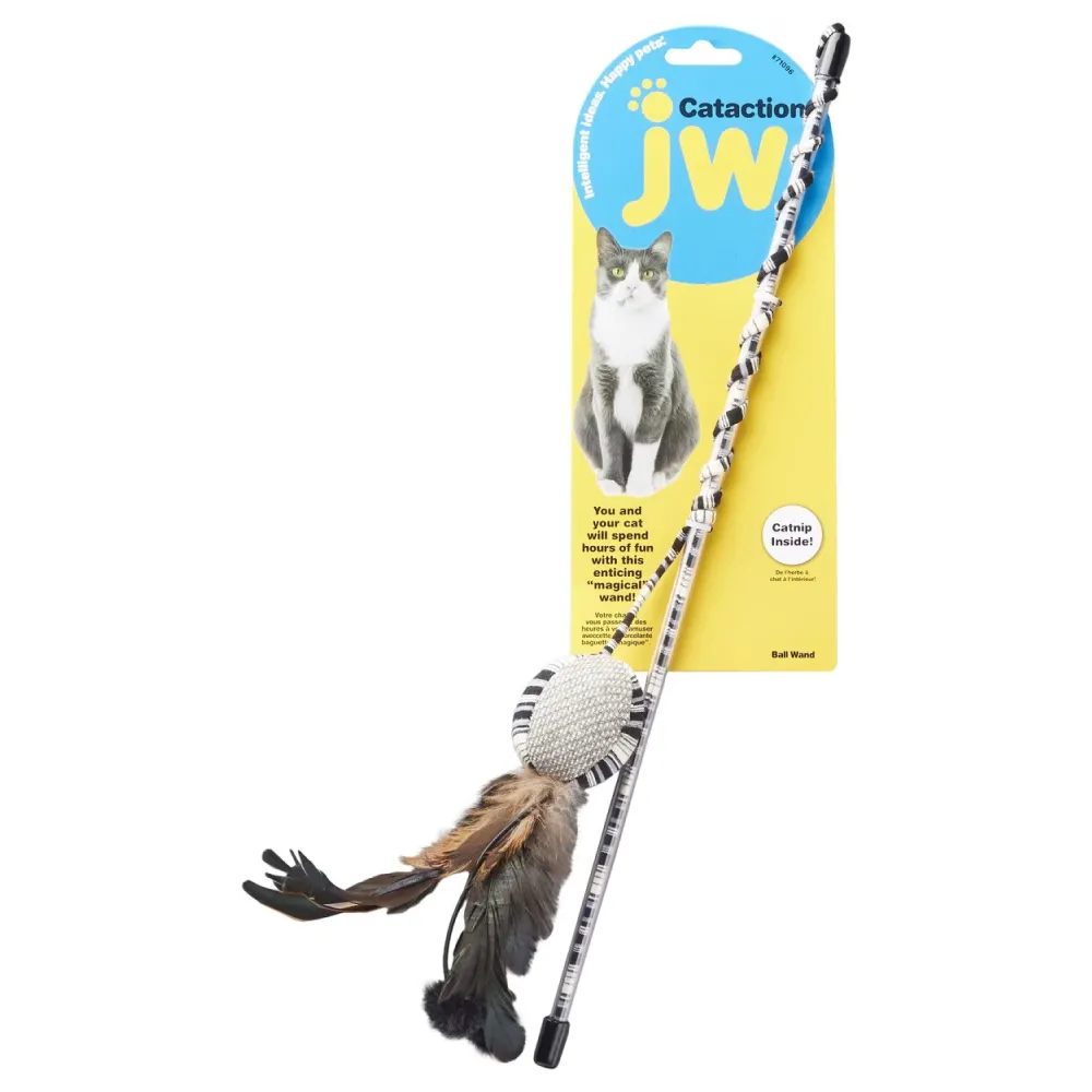 JW Cataction Ball with Catnip and Wand Toy for Cats (Black/White)