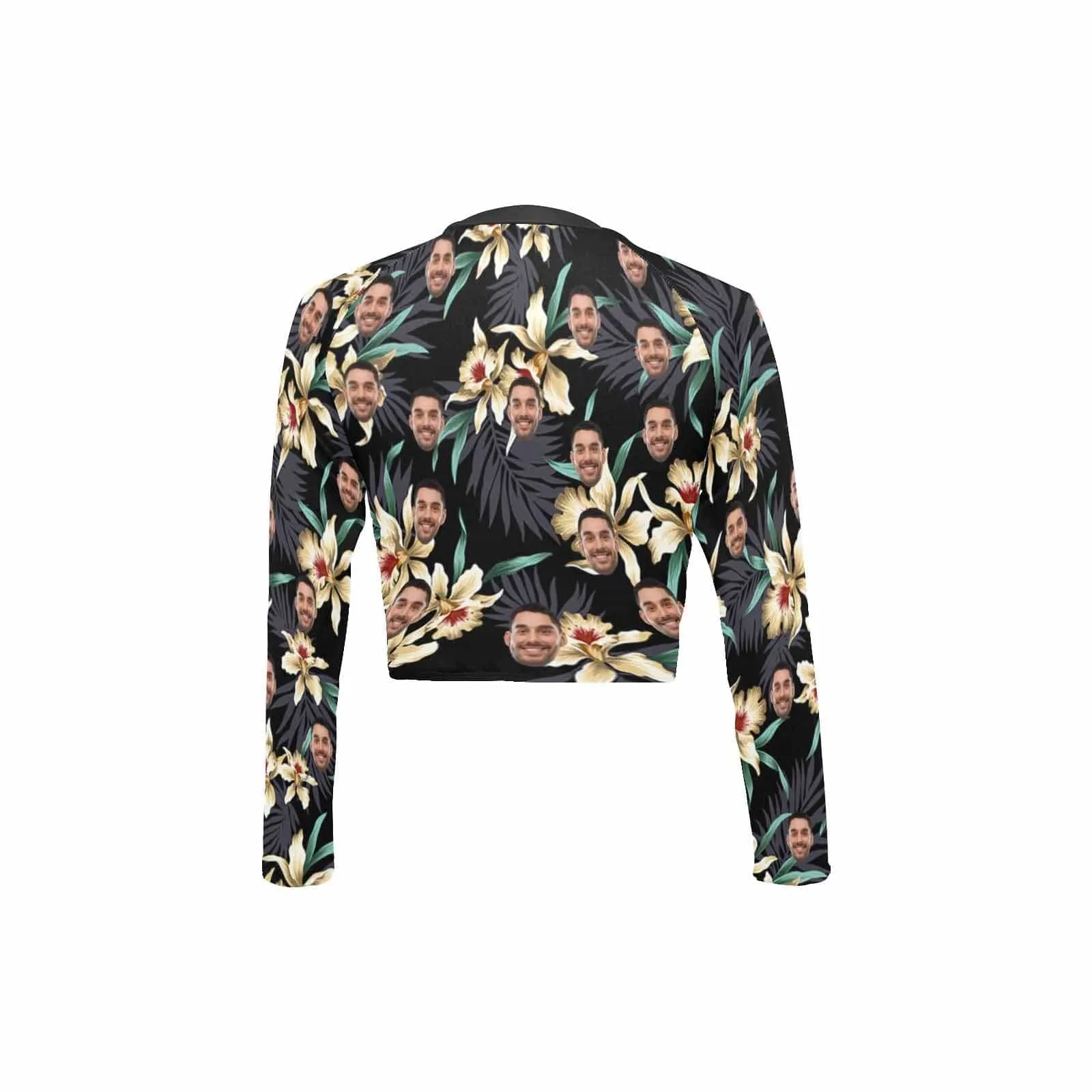 #Long Sleeve Tankini Bikini Top-Custom Face Flowers Long Sleeve Swimwear Top Beach Surf Sunscreen Fashion Cropped Top