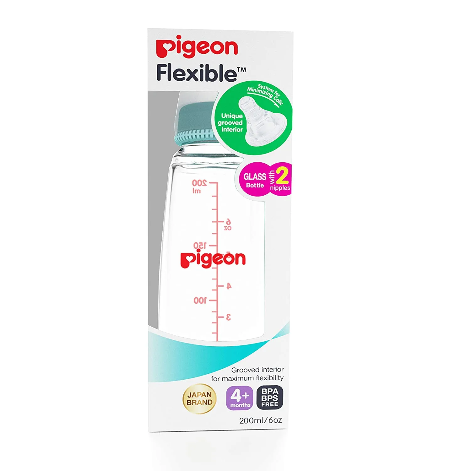 PIGEON Flexible baby  glass feeding bottles,with 2 nipples - 200ml, 4   months