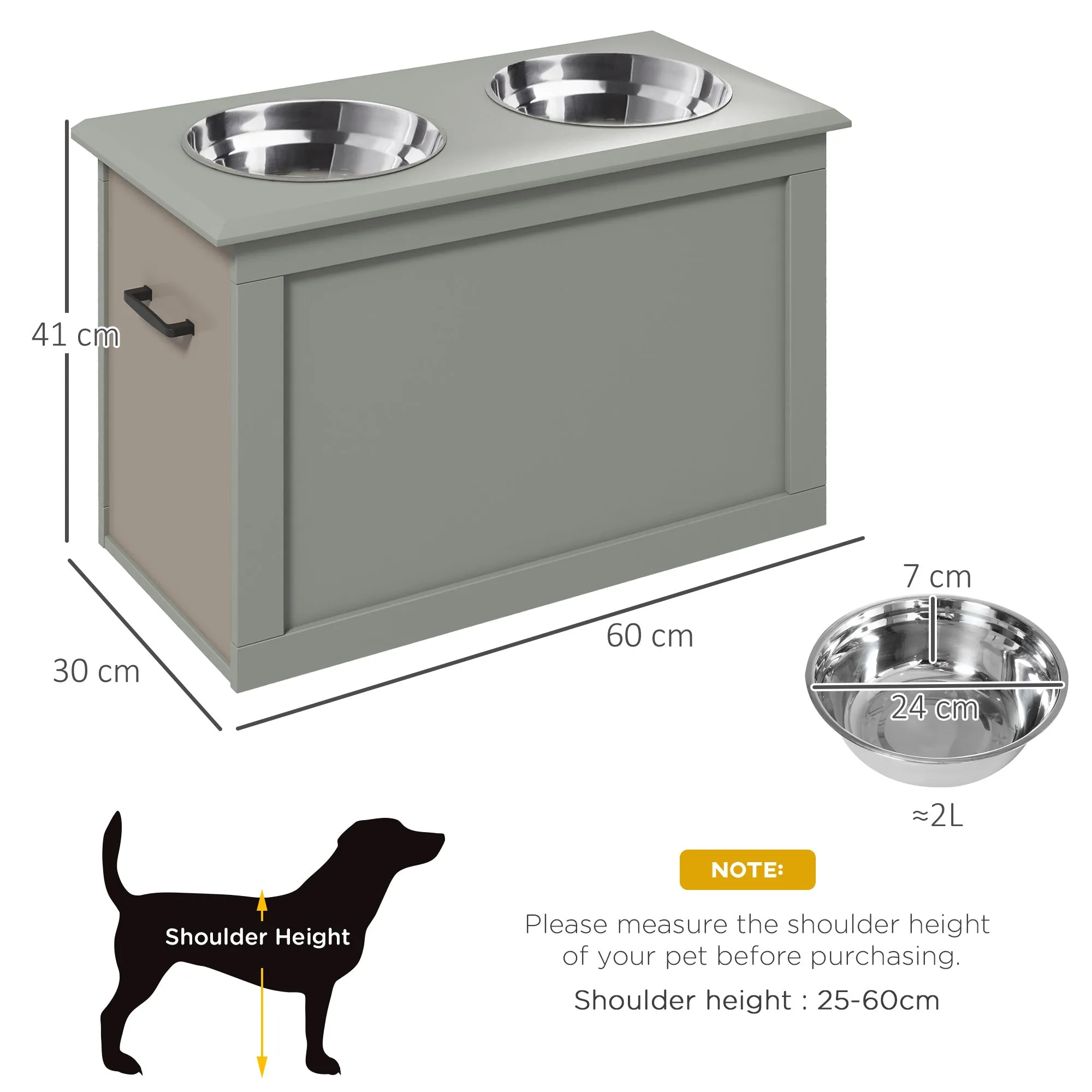 Raised Dog Bowls Pet Feeding Storage Station with 2 Stainless Steel Bowls Base for Large Dogs and Other Large Pets, Grey