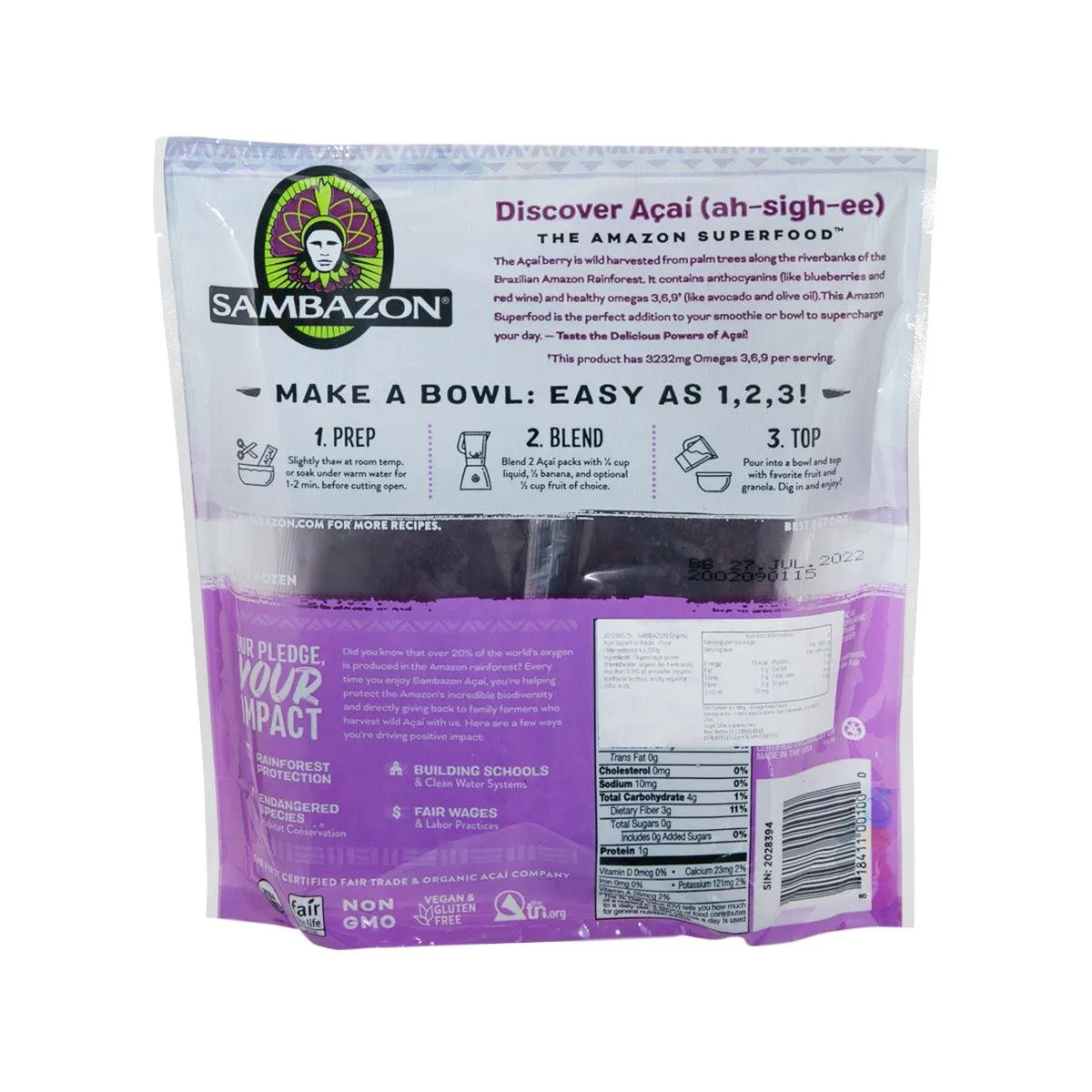 SAMBAZON Organic Açaí Superfruit Packs - Pure Unsweetened  (4 x 100g)