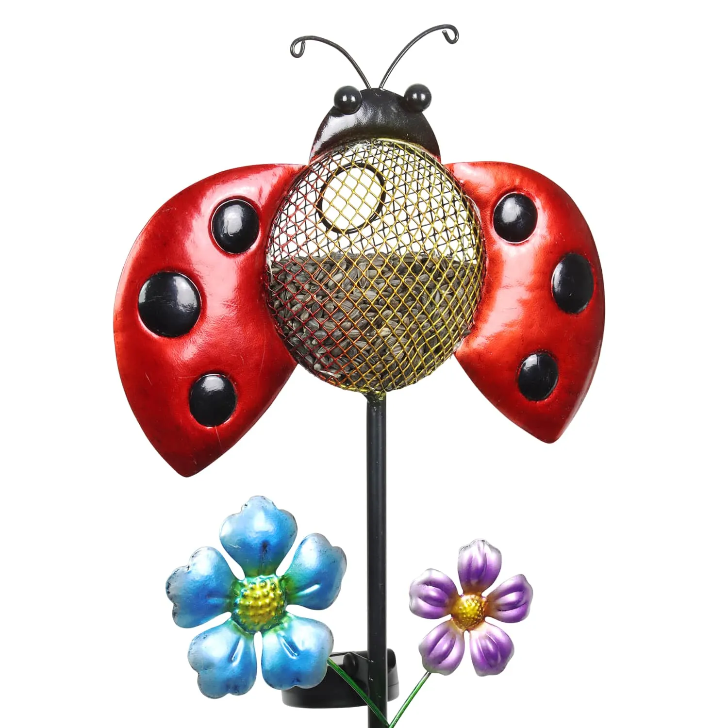 Solar Hand Painted Ladybug Metal Mesh Pellet Bird Feeder Garden Stake, 12.5 by 36 Inches