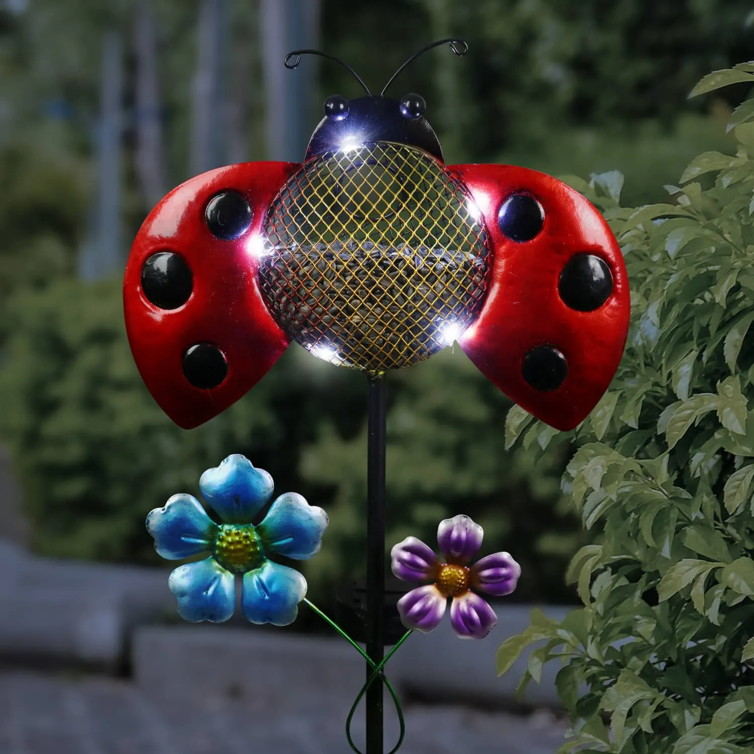 Solar Hand Painted Ladybug Metal Mesh Pellet Bird Feeder Garden Stake, 12.5 by 36 Inches