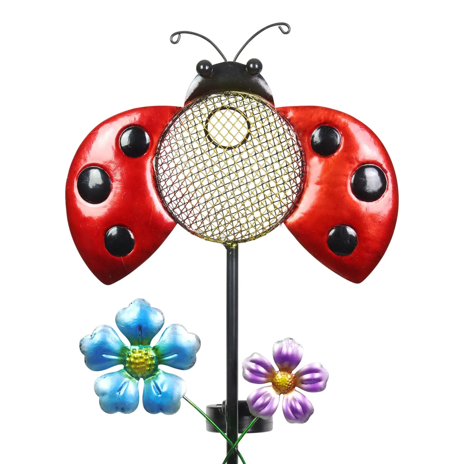 Solar Hand Painted Ladybug Metal Mesh Pellet Bird Feeder Garden Stake, 12.5 by 36 Inches