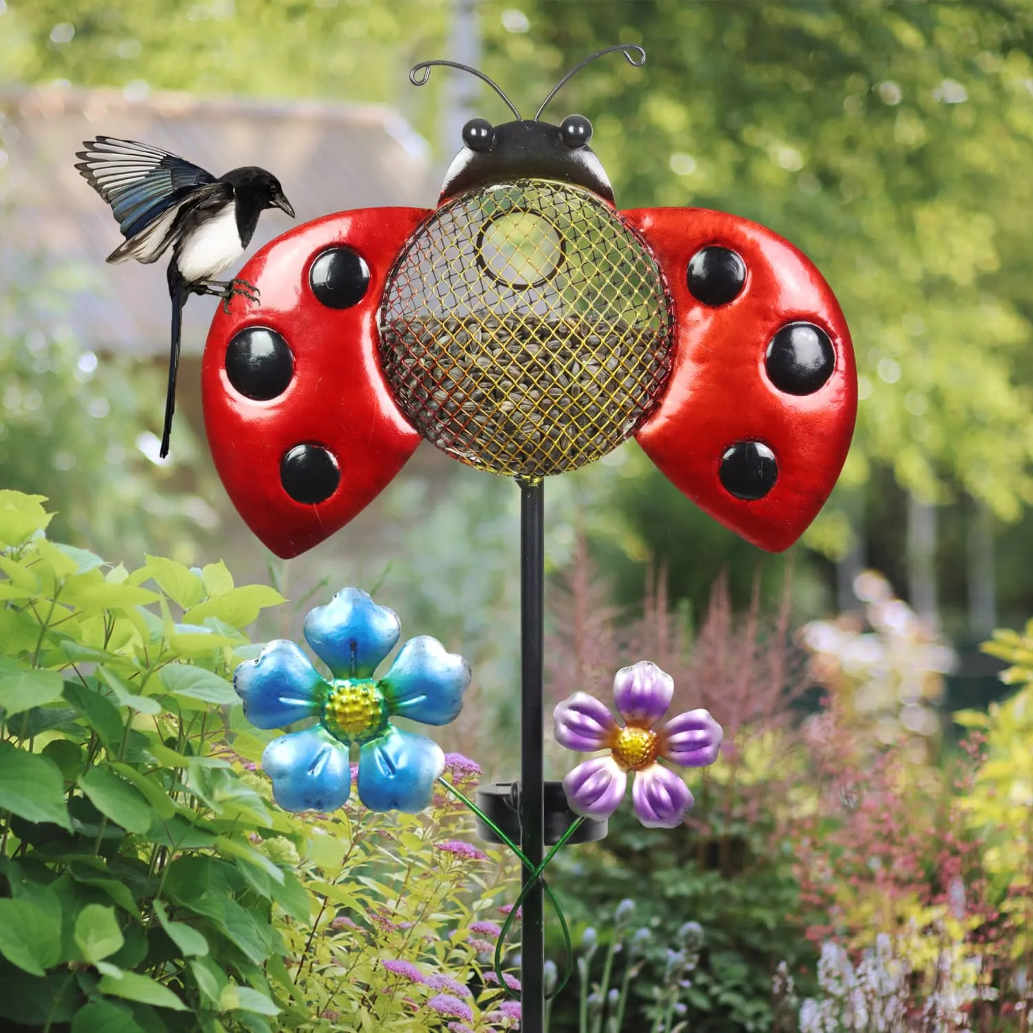 Solar Hand Painted Ladybug Metal Mesh Pellet Bird Feeder Garden Stake, 12.5 by 36 Inches