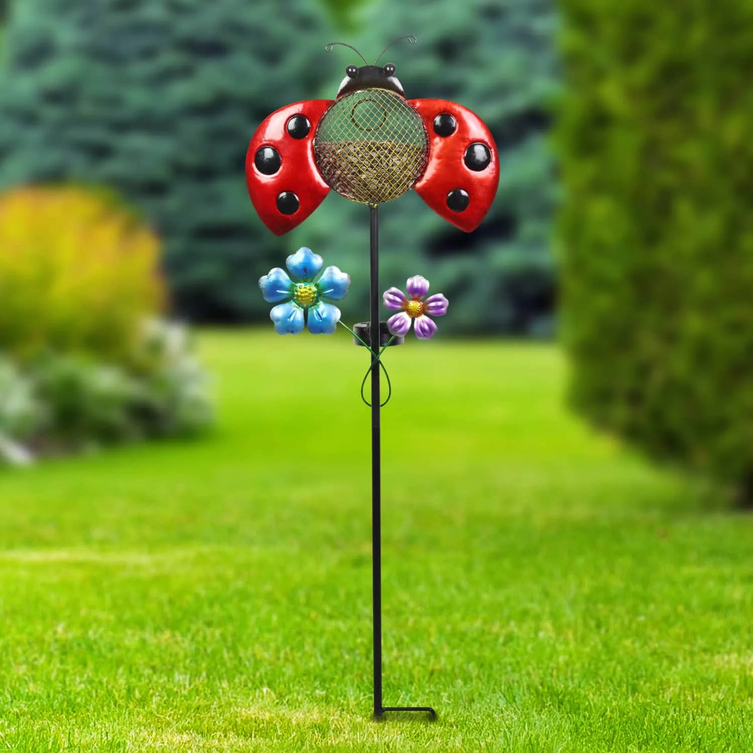 Solar Hand Painted Ladybug Metal Mesh Pellet Bird Feeder Garden Stake, 12.5 by 36 Inches