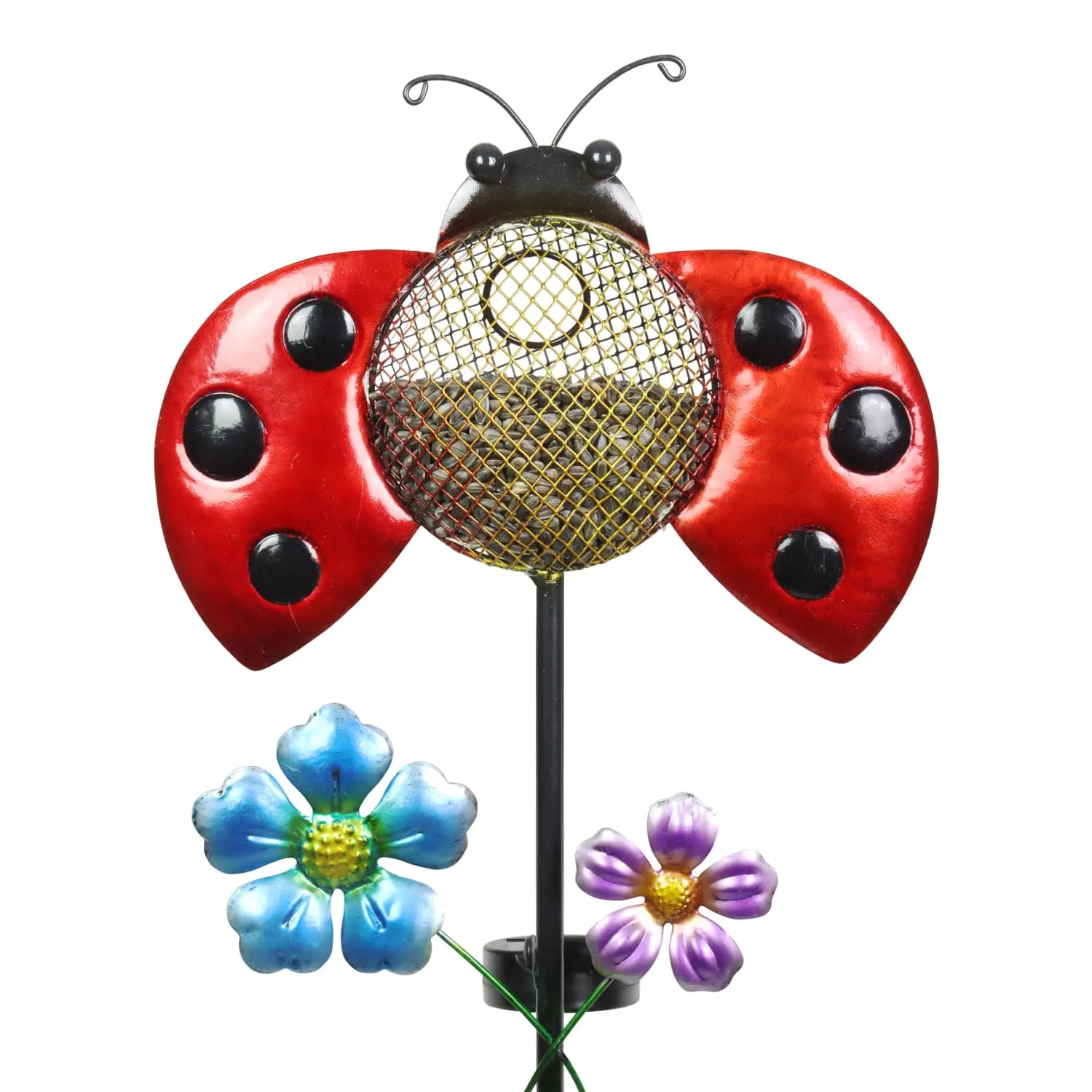 Solar Hand Painted Ladybug Metal Mesh Pellet Bird Feeder Garden Stake, 12.5 by 36 Inches