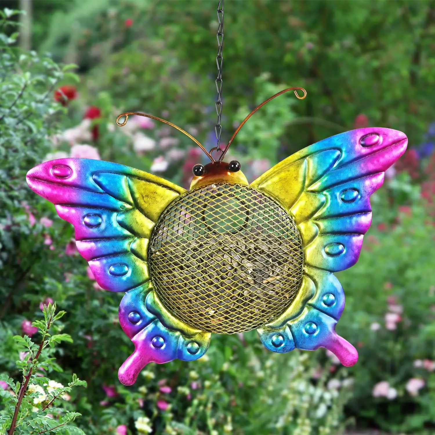 Solar Hanging Metal Mesh Butterfly Bird Feeder, 13 by 17 Inches