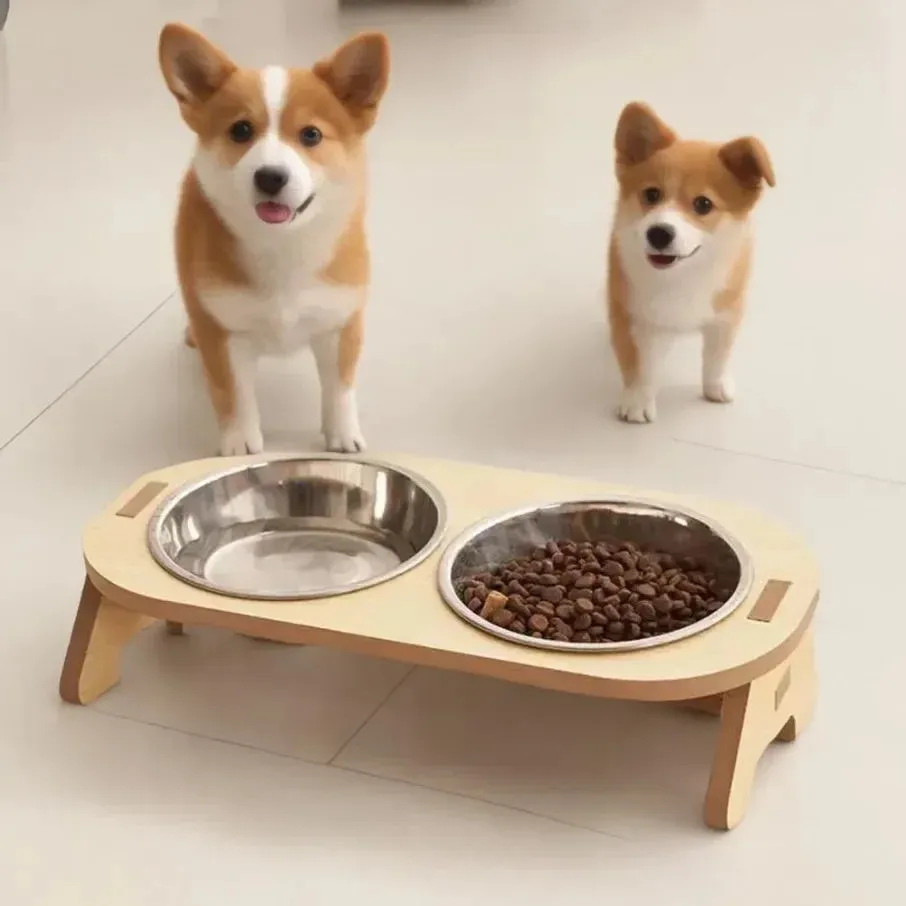 Yeknu Raised Pet Bowl Inclined Steel Food Bowls Dog Water Feeding Food Container Cat Dish Wooden Stand Pet Supplies Single/Double