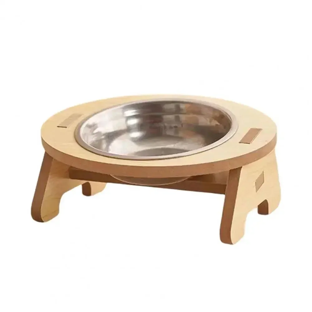 Yeknu Raised Pet Bowl Inclined Steel Food Bowls Dog Water Feeding Food Container Cat Dish Wooden Stand Pet Supplies Single/Double